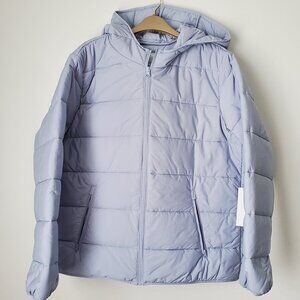 NWT Women's Plus Size Light Hooded Puffer Jacket Baby Blue Zip Up Pockets Boxy